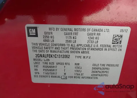 2012 Chevrolet Equinox Ltz from USA, damaged, VIN 2GNALFEK1C1312062